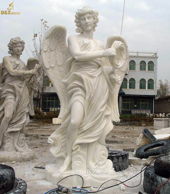 Carving angel statue holding laurel crown life size marble archangel winged victory statue DZM-1238