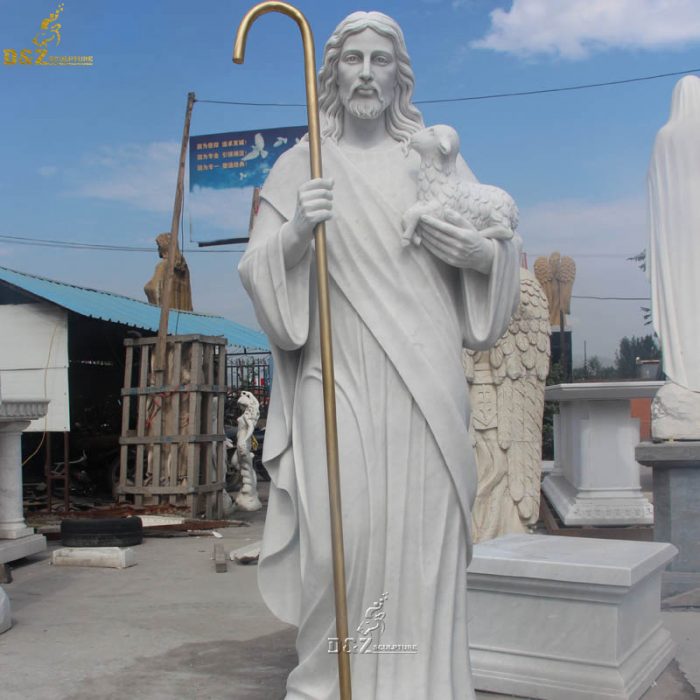 Customer design large size religious marble statue jesus with sheep DZM-1272