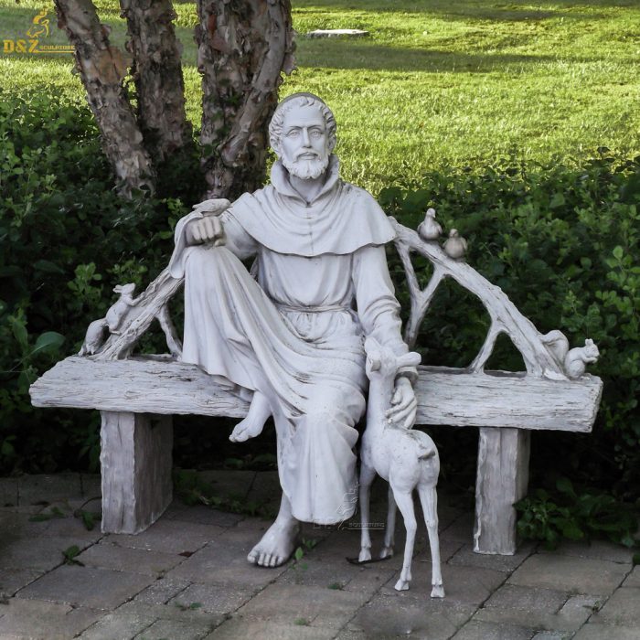 Factory custom garden decoration white marble Saint St.Francis sculpture with animals DZM-1094