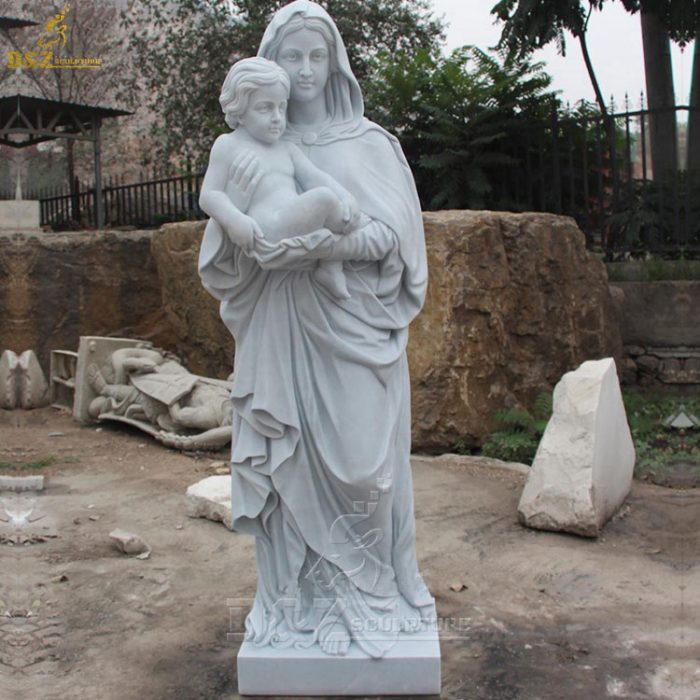 Hand Carved Blessed White Marble Virgin Mary Statues with Baby for Outdoor Garden Decoration DZM-1342