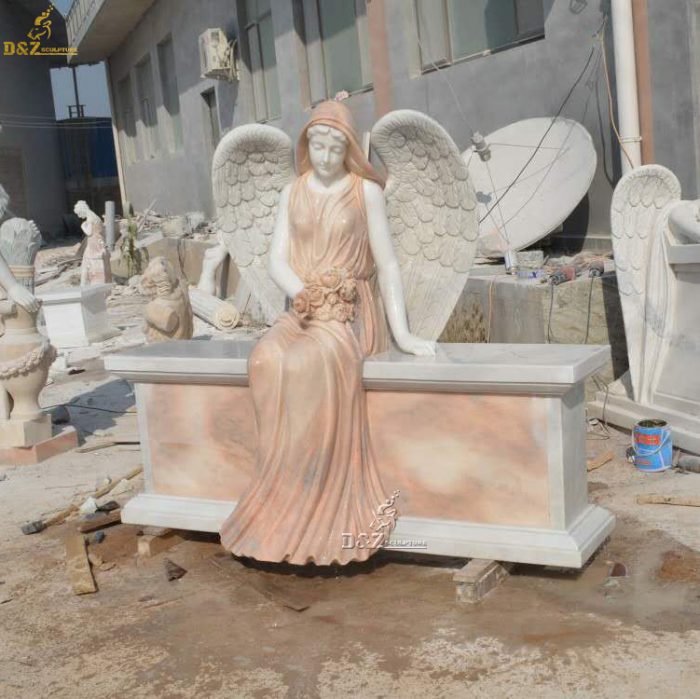 Hand carved sad sitting weeping angel marble cemetery statue DZM-1245