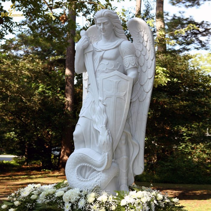 High quality Life Size White Marble Saint Michael Statue Large Stone Angel Sculpture DZM-1243