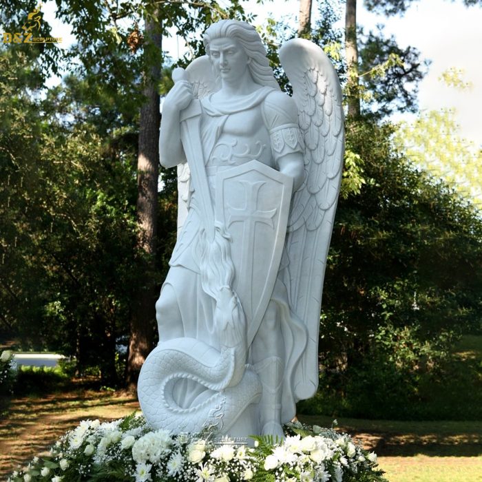 High quality Life Size White Marble Saint Michael Statue Large Stone Angel Sculpture DZM-1243