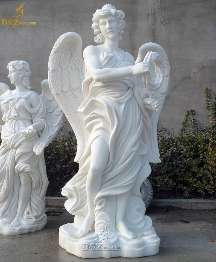 Large size natural stone standing winged angel sculpture marble angel garden statue for church decoration DZM-1239