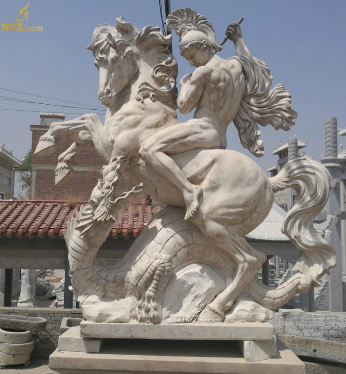 Life Size Natural Travertine Stone Marble Saint George Fighting with Dragon Sculpture DZM-1085