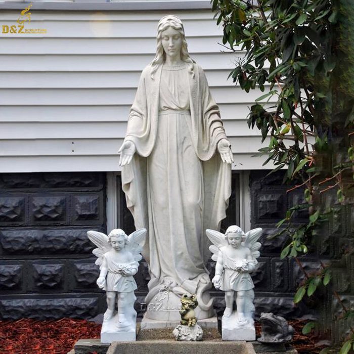 Life Size Religious White Marble Madonna Virgin Mary And Angel Statue DZM-1162