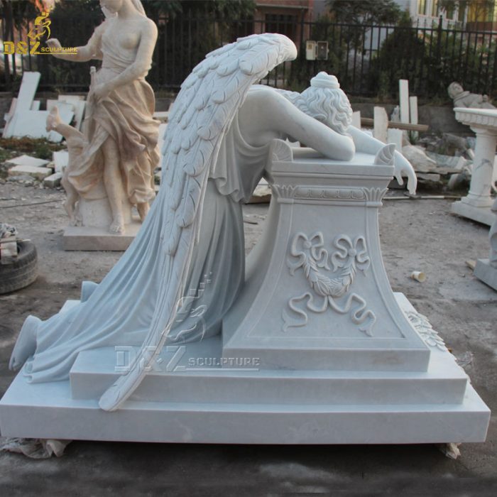 Marble hand carved cemetery decoration figurine life size weeping angel garden statue tombstone for sale DZM-1319