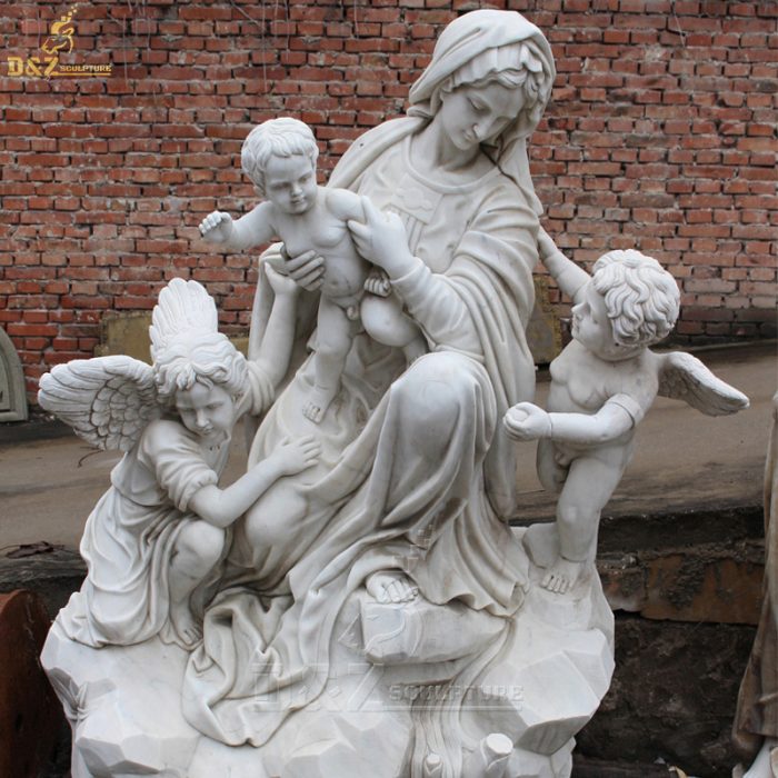 Outdoor Garden Hand Carved Life Size Marble Mary and angel Statue for Sale DZM-1358