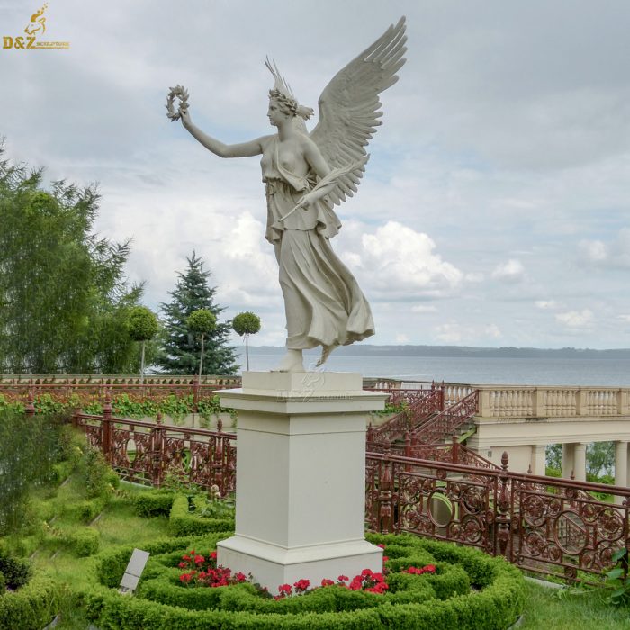 Standing white marble female angel with opening wings for garden decor DZM-1218