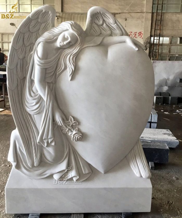 White winged stone marble garden life size cemetery angel statue DZM-1217