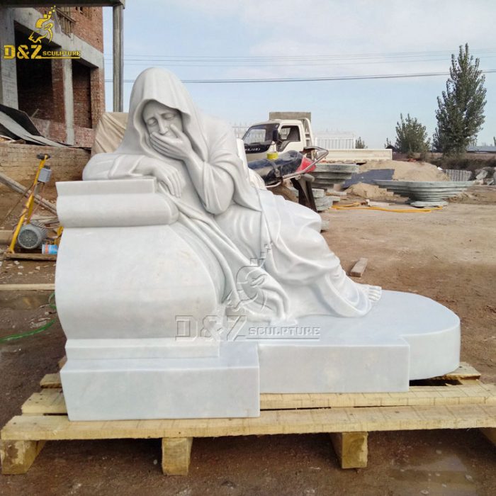 Customized marble statue of sad Virgin Mary lying on tombstone weeping DZM-1480