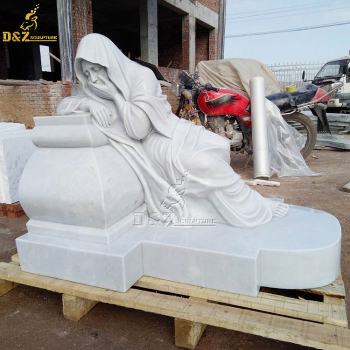 Customized marble statue of sad Virgin Mary lying on tombstone weeping DZM-1480