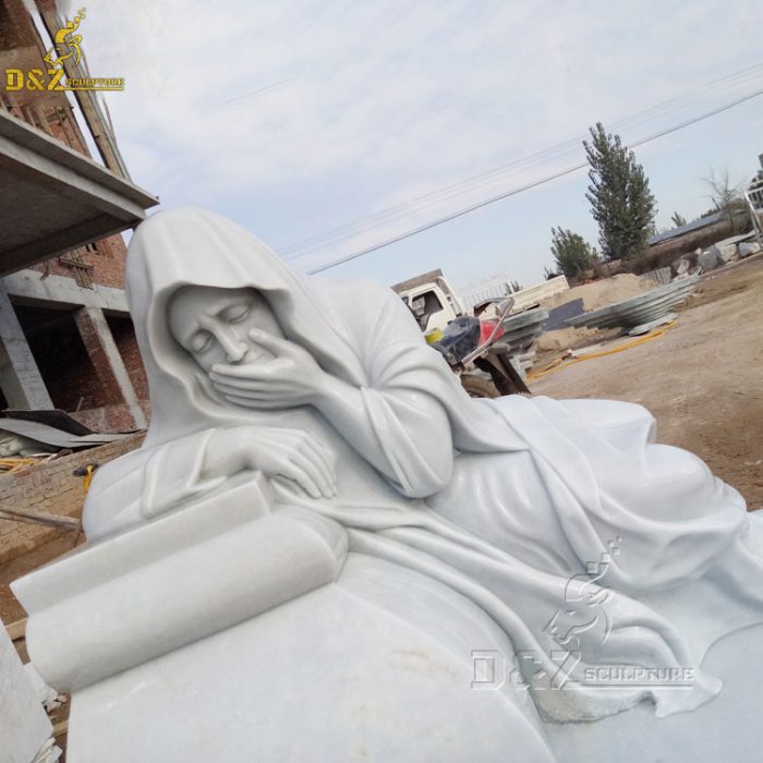 Customized marble statue of sad Virgin Mary lying on tombstone weeping DZM-1480