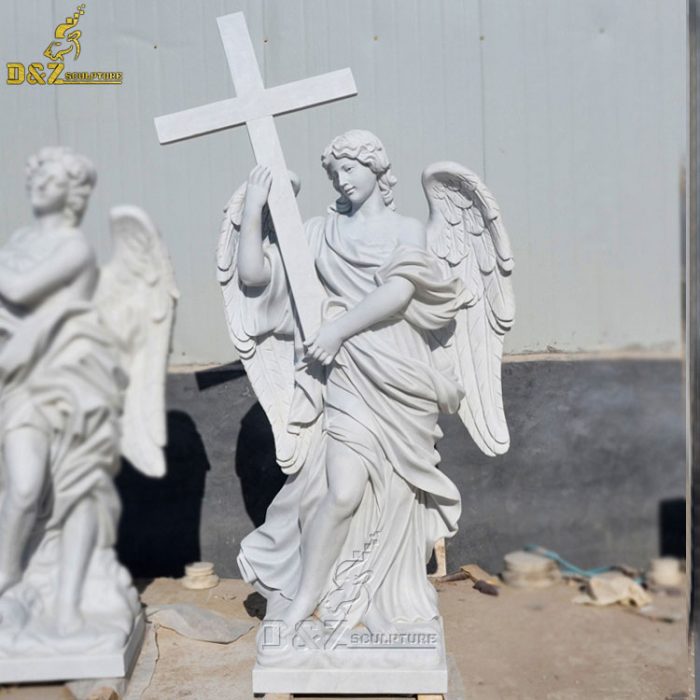 Garden large marble stone religious statues female angel with Cross sculpture DZM-1401