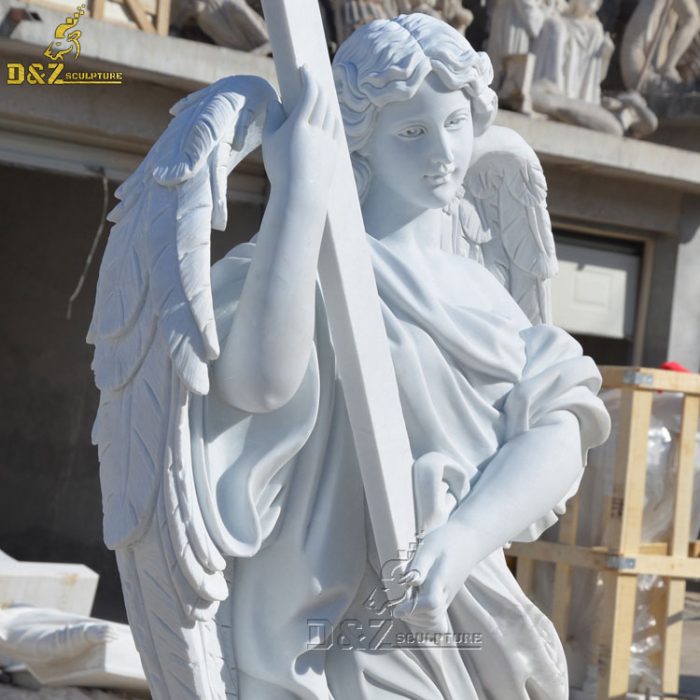 Garden large marble stone religious statues female angel with Cross sculpture DZM-1401