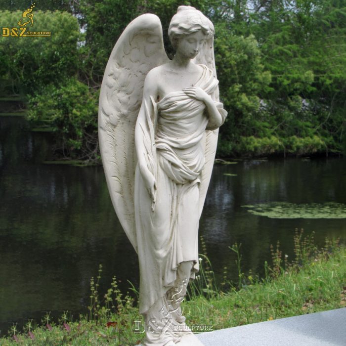 Hand carved outdoor decoration white marble life size angel statue DZM-1424