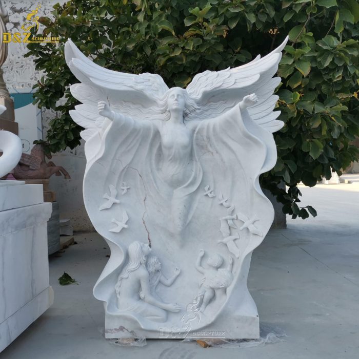 Life Size Natural Stone Garden Sculpture Large Flying Angel White Marble Statue DZM-1438