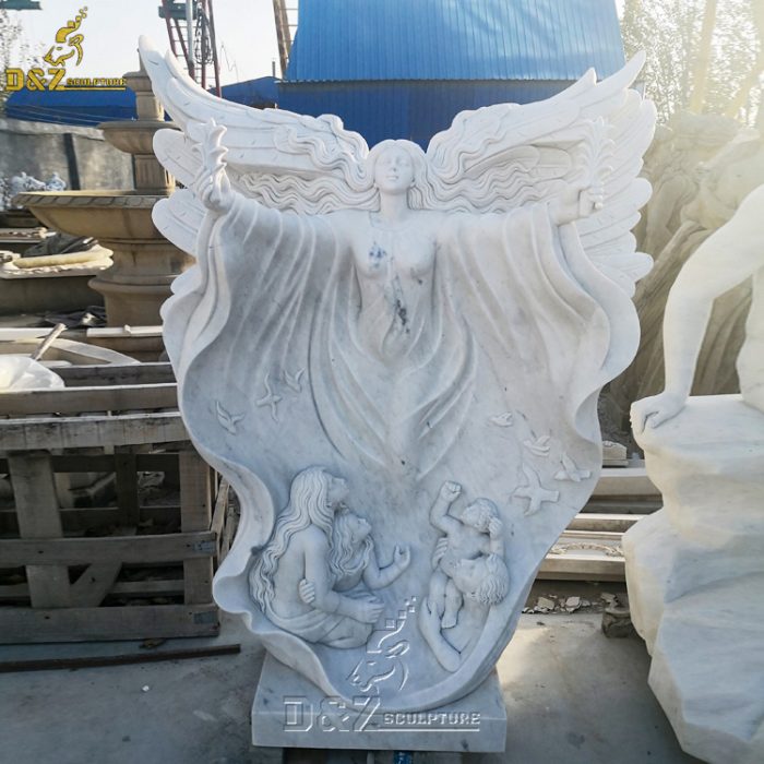 Life Size Natural Stone Garden Sculpture Large Flying Angel White Marble Statue DZM-1438