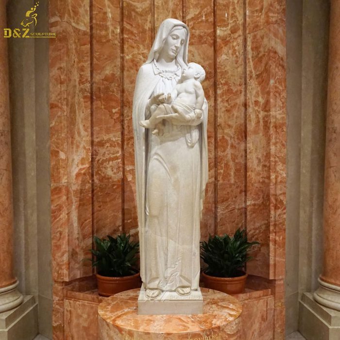 Life Size White Stone Natural Marble Mother Virgin Mary Hold Baby Jesus Sculpture DZM-1380