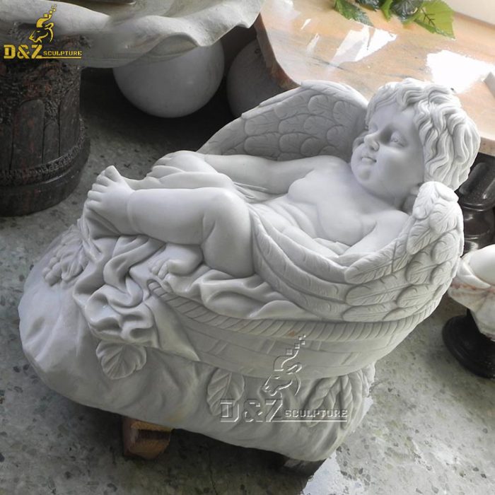 Life size natural white marble sleeping angel with wings sculpture for garden decoration DZM-1439