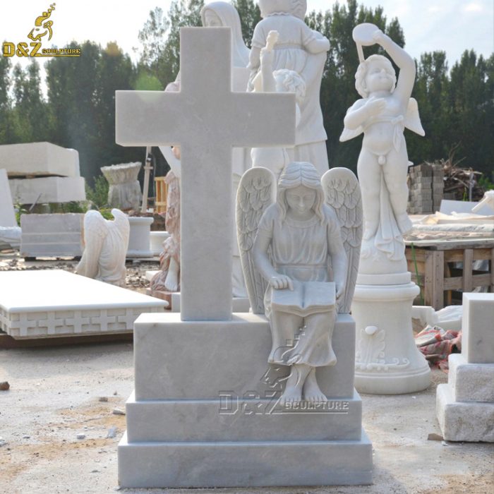 Natural White Marble Angel Cross Statues Headstones Cemetery Monument Tombstone DZM-1447