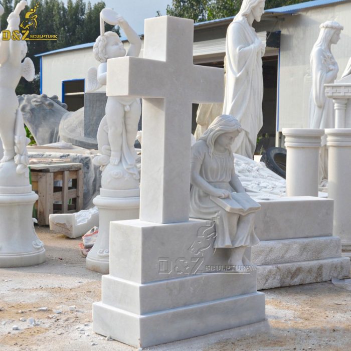 Natural White Marble Angel Cross Statues Headstones Cemetery Monument Tombstone DZM-1447