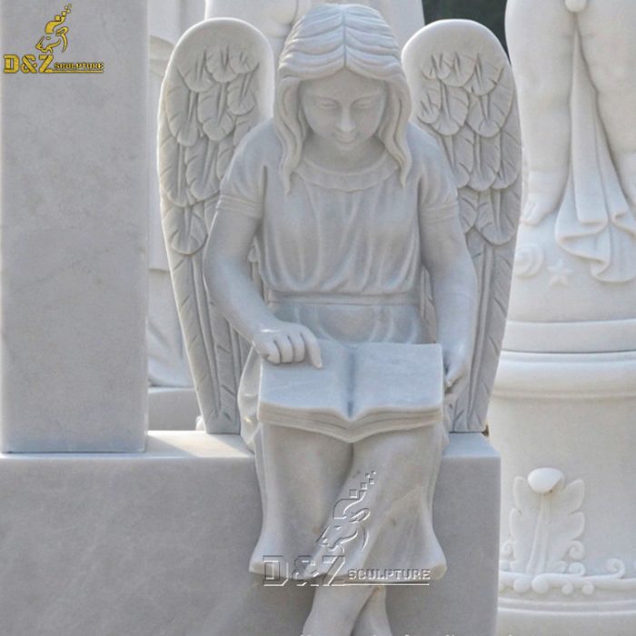 Natural White Marble Angel Cross Statues Headstones Cemetery Monument Tombstone DZM-1447