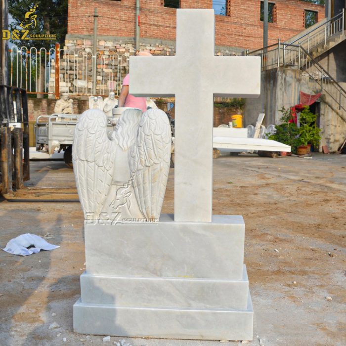 Natural White Marble Angel Cross Statues Headstones Cemetery Monument Tombstone DZM-1447