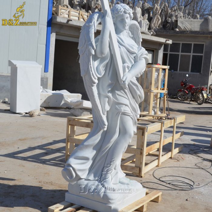 Outdoor Garden Decoration Lifesize White Marble Angel Statue With Cross DZM-1406