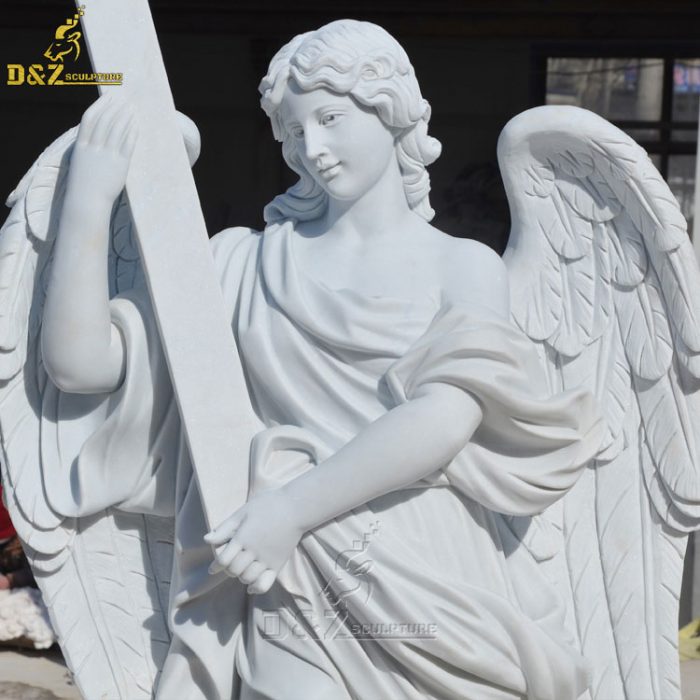 Outdoor Garden Decoration Lifesize White Marble Angel Statue With Cross DZM-1406