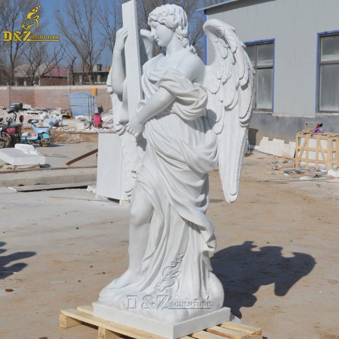 Outdoor Garden Decoration Lifesize White Marble Angel Statue With Cross DZM-1406