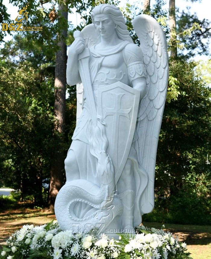 Outdoor Life Size St Michael Archangel Statue White Marble Angel with Wings Sculpture DZM-1452