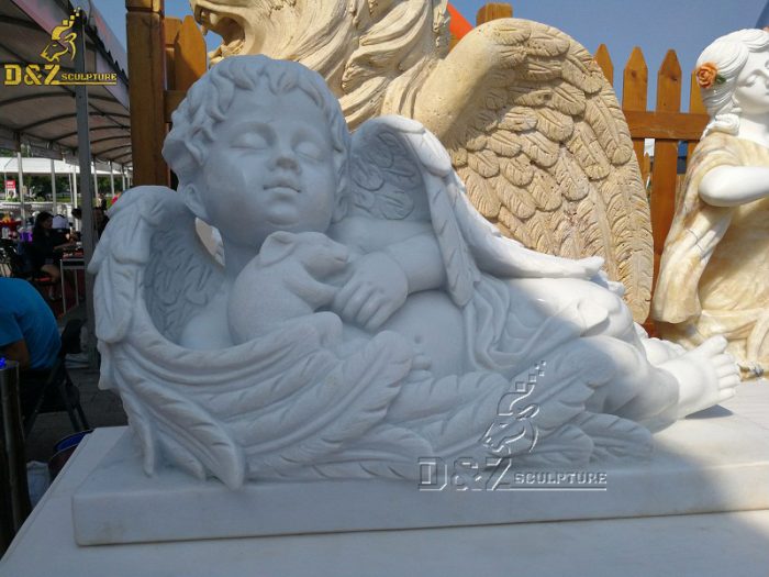 Sleeping baby stone sculpture angel and rabbit statue for cemeteries DZM-1453