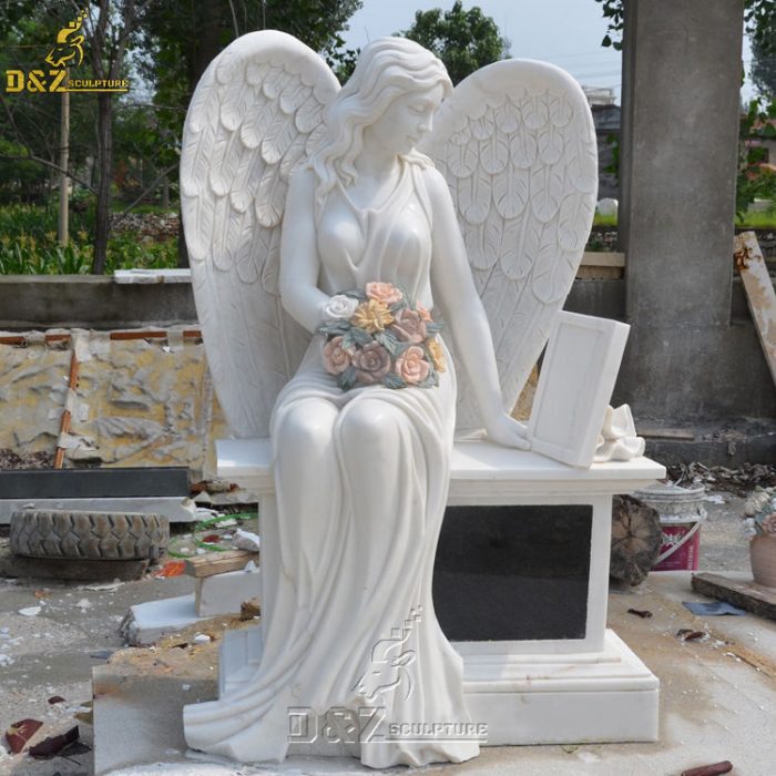 Stone Carved White Marble Large Cemetery guardian Angel Statue Headstone Tombstone Monument DZM-1454