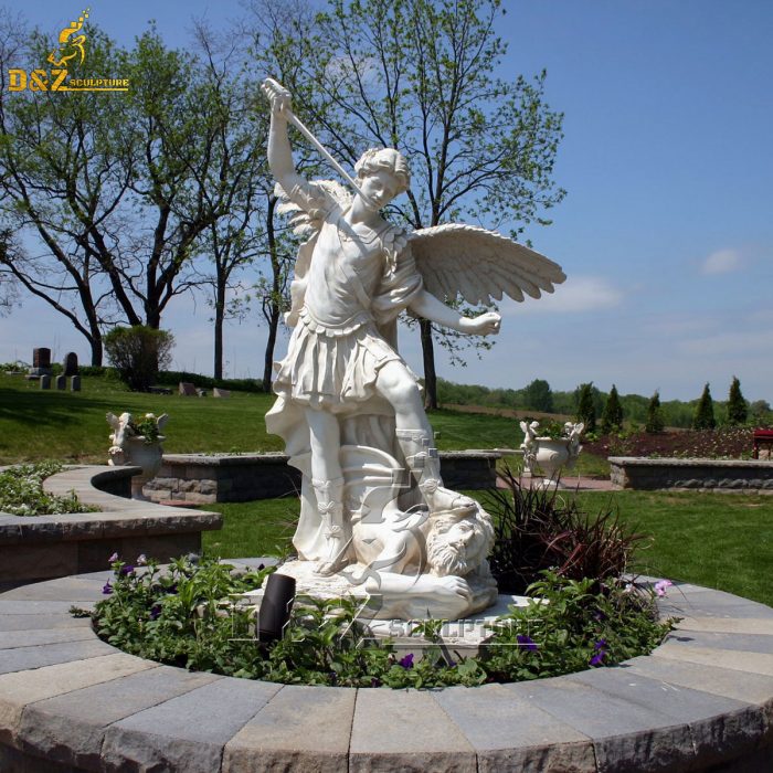 Marble Archangel Michael sculpture standing among flowers DZM-1581