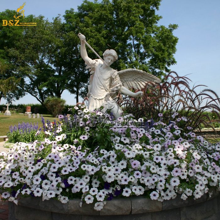 Marble Archangel Michael sculpture standing among flowers DZM-1581