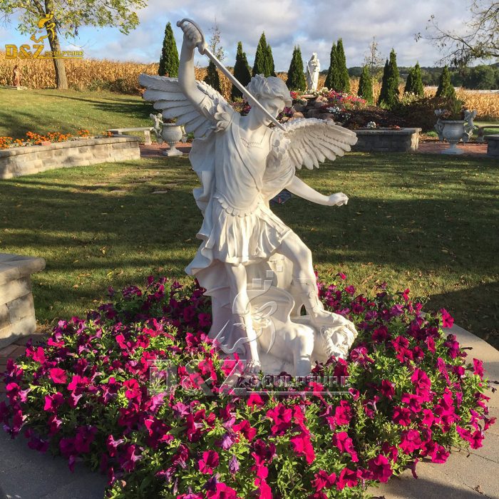 Marble Archangel Michael sculpture standing among flowers DZM-1581